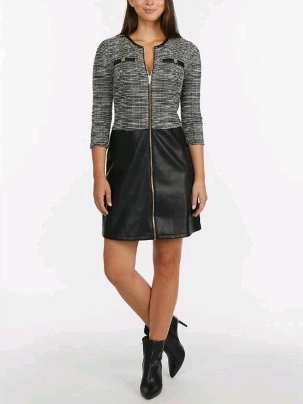 Ellen Tracy Black Faux-Leather & Gray Tweed Zip Dress